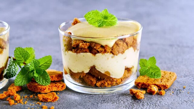 speculoos tiramisu glass dessert with mascarpone cream mint and biscuit crumbs