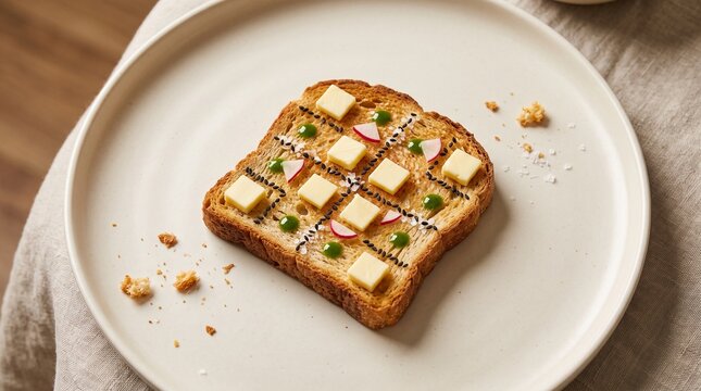 Gourmet tic tac toe toast with butter and radish on ceramic plate.