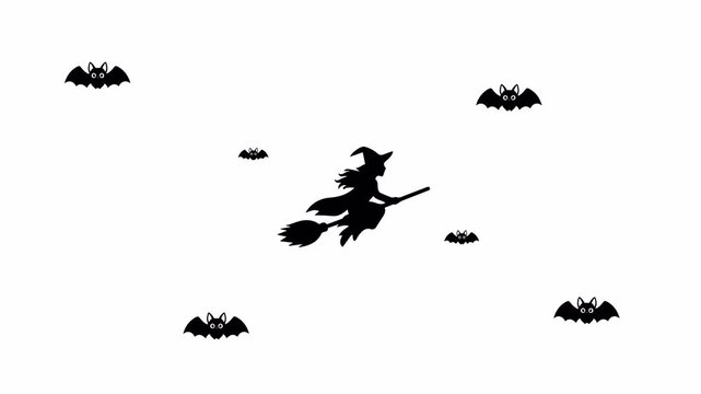 Flying Witch Riding a Broom Surrounded by Bats, Halloween Animation on Transparent Alpha Channel