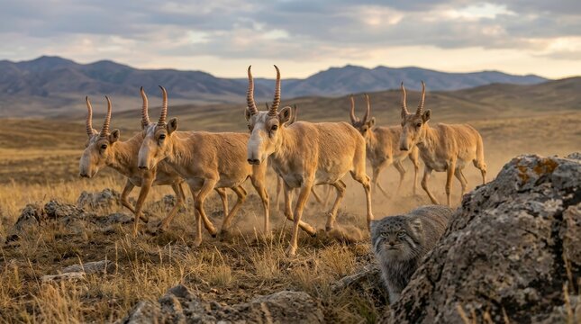Herd of saiga antelopes running across dry steppe at sunset while wild cat hides behind rock. Dusty grassland with mountains and dramatic cloudy sky.