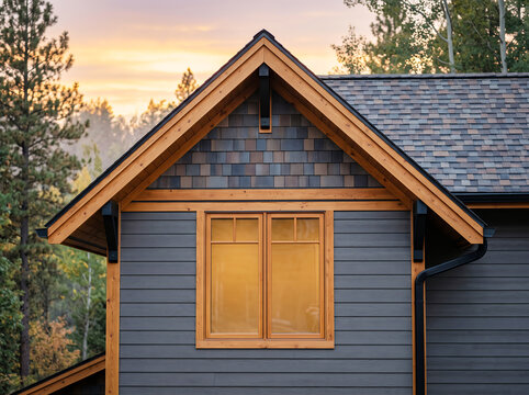 Exterior view of a house gable with gray horizontal siding, wooden window frames, and shingled roof against a sunset sky and pine trees