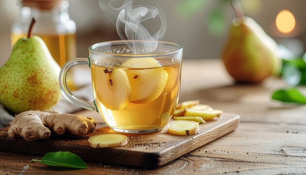 Hot pear and ginger infusion tea in a glass mug on a rustic wooden table with fresh ingredients and steam