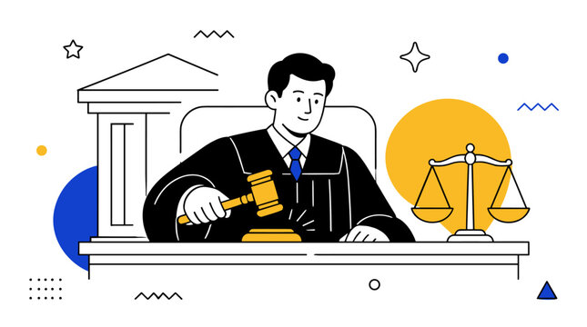 Professional magistrate presiding over a court session with gavel and scales.