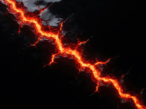 A bright glowing orange magma crack erupts across a dark cracked ground surface texture