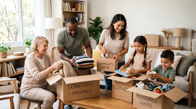 Multi-generational Family Collaborating to Pack Household Items and Clothing into Donation Boxes for Charity