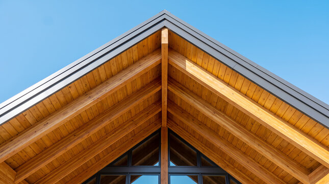 Triangular wooden roof gable with exposed beams and dark metal trim against a clear blue sky, low angle architectural perspective