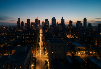 Fototapeta premium Urban development and city infrastructure, aerial view of a modern metropolis skyline at twilight with glowing street lights and illuminated skyscrapers