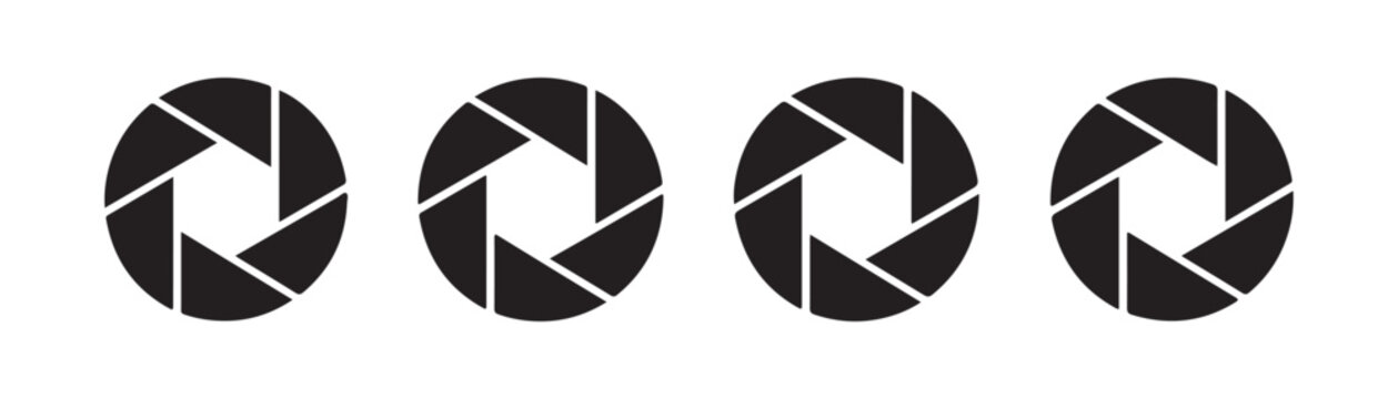 Camera shutter aperture icons in simple black shapes for artistic photography and media projects.
