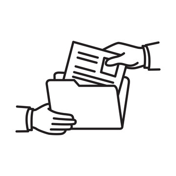 Hand organizing files by putting a paper document into an open folder icon.