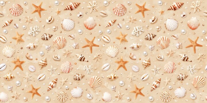 Seashell seamless pattern on beach sand, tropical starfish and sea shell background, summer vacation ocean texture for coastal wallpaper
