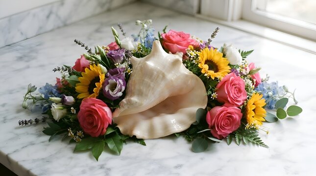Tulsi Vivah Ritual Conch Shell Decorated with Colorful Flowers for Traditional Indian Puja