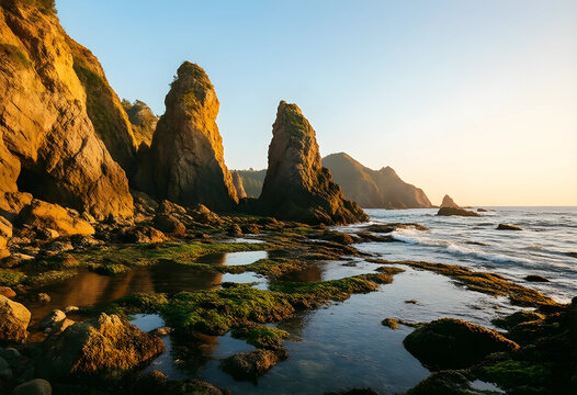Coastal travel and nature tourism, rugged sea cliffs and rocky tide pools at sunset with golden hour light on a remote ocean shoreline in summer