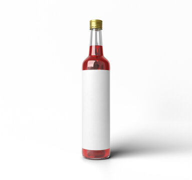 Front view of clear glass syrup bottle mockup with red liquid and gold cap on white background