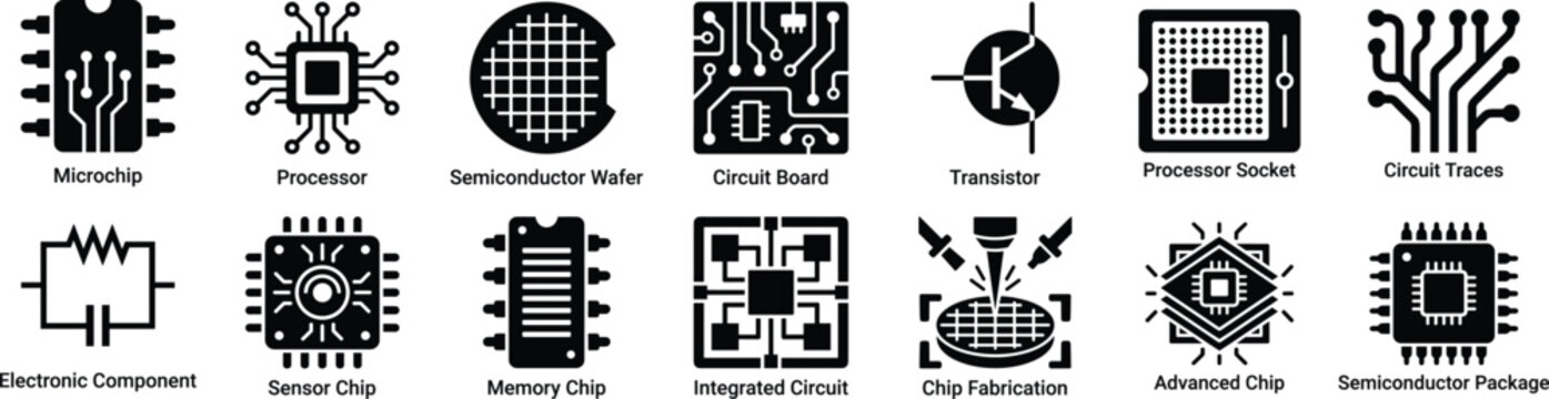 Set of highquality vector icons depicting various electronic components and microchip technology