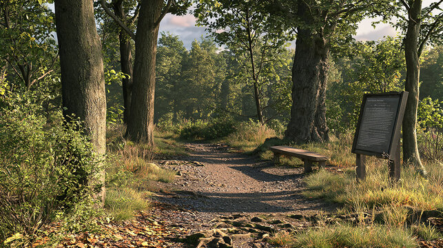 Scenic view of a dirt forest hiking trail lined with tall trees featuring a wooden park bench and a dark educational information board under soft late afternoon sunlight