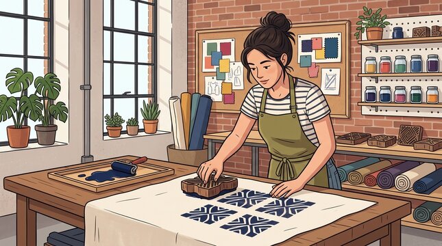 Artisan woman printing fabric with wooden block in a bright studio with plants and craft supplies