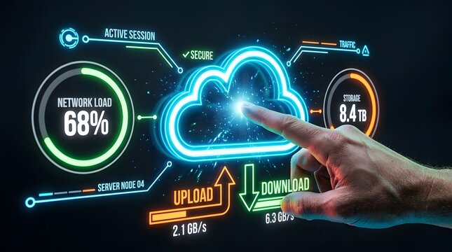 Hand touching a futuristic glowing neon cloud computing interface with data metrics, including network load, upload and download speeds, storage capacity, and secure connection status on dark