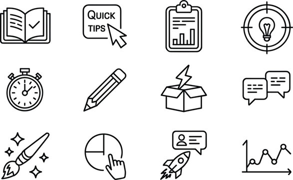 Business and Productivity Line Icon Set with Quick Tips, Clipboard, Stopwatch, Innovation, Communication, Marketing and Analytics Symbols