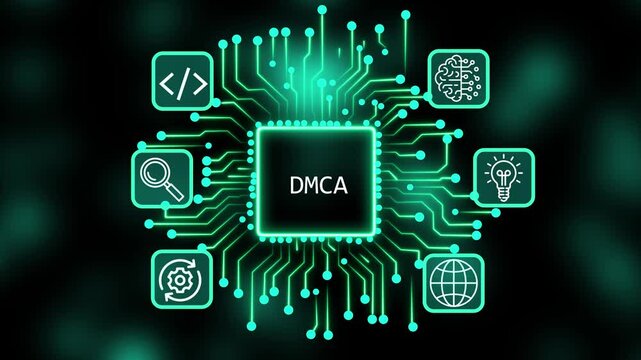 A glowing neon DMCA concept surrounded by smaller icons for ai. agentic icon surrounded by smaller icons for ai and manufacturing process management.