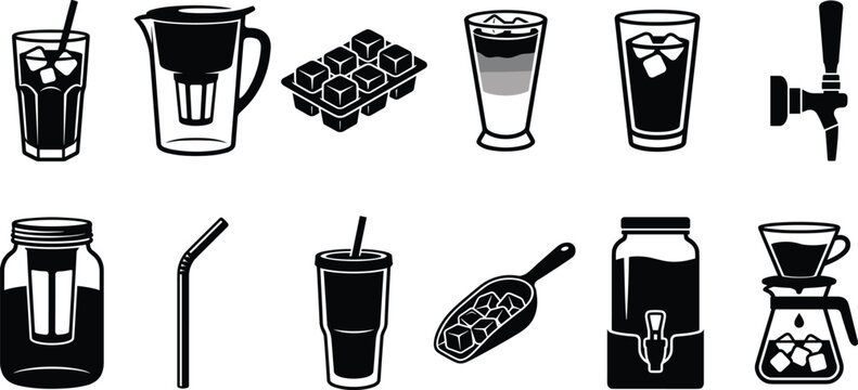 Set of black and white vector icons representing coffee and cold beverages