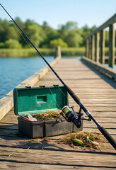 Fototapeta premium Fishing hobby and outdoor recreation, rod and tackle box on a wooden pier by the lake for leisure activity and summer vacation travel lifestyle