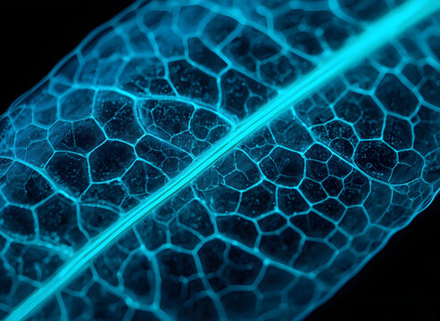 Macro close up view of glowing cyan bioluminescent plant leaf veins with microscopic cell geometry