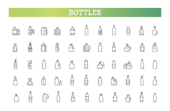 Bottle icons set, plastic and glass containers, packaging line icon collection