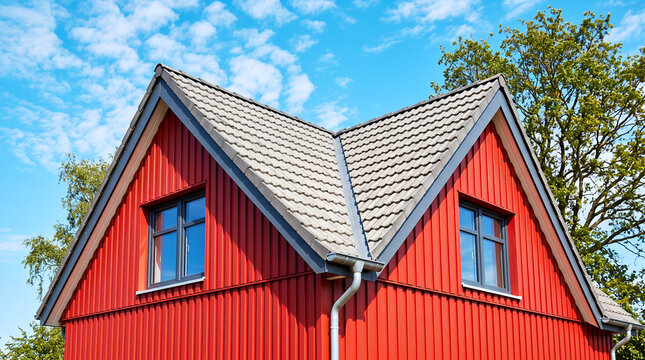 Exterior view of a bright red house with vertical metal siding, grey tiled gabled roof, and two windows against a blue sky with clouds