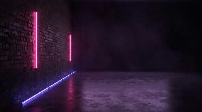 A dark empty room with exposed brick walls illuminated by vertical pink and blue neon light tubes reflecting on a wet concrete floor, capturing a futuristic, moody, cyberpunk and sci-fi ambiance