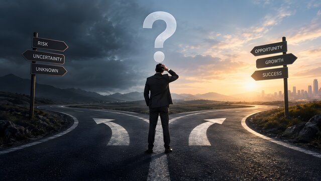 Businessman contemplating choices at a crossroads with signposts for risk and opportunity, symbolizing future decisions and challenges