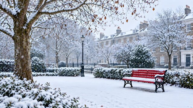 First Snow in a London Garden Square with Snow Covered Red Bench Trees and Victorian Houses