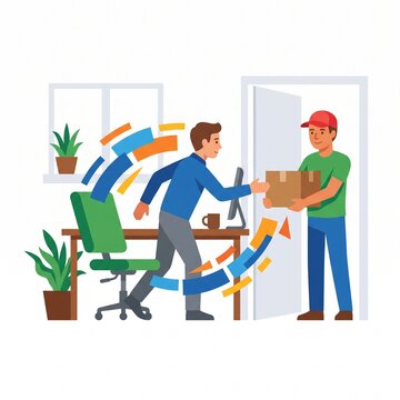 Office worker rushes to the entrance door to receive a cardboard package from a delivery courier.