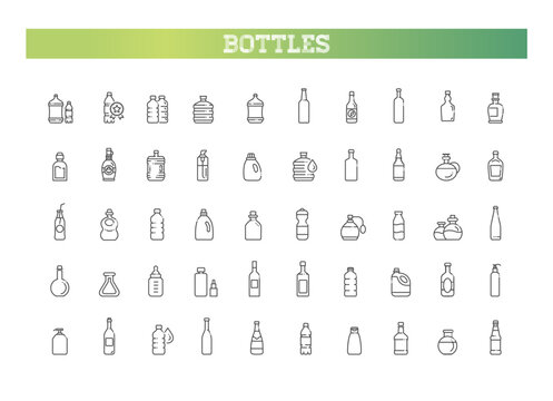 Bottle icons set, plastic and glass containers, packaging line icon collection