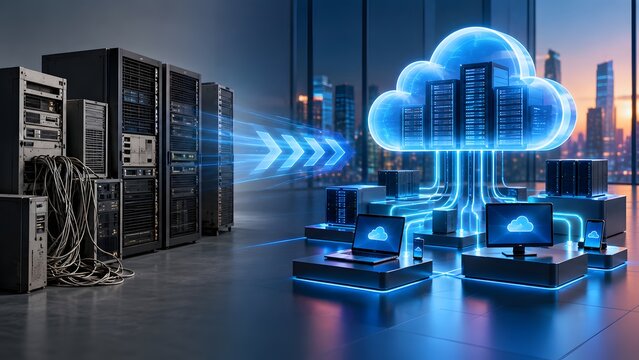 Cloud computing infrastructure with glowing data transfer between physical server racks and connected digital devices representing a global network