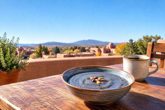 Blue Corn Mush with Coffee on a Southwestern Rooftop Terrace in Santa Fe, New Mexico