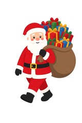 Fototapeta premium Cute Santa Claus walking and carrying a big sack full of Christmas gifts