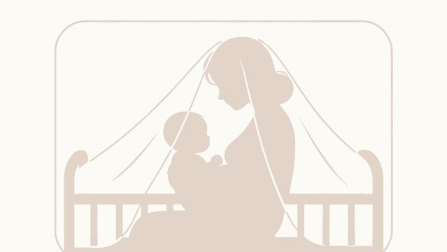 Serene mother breastfeeding her infant under a soft mosquito net inside a white crib, rendered in warm beige