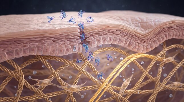 Collagen molecule skin layer protein structure connective tissue hydration elasticity microscopic biology anatomy science healthy detailed 3D illustration