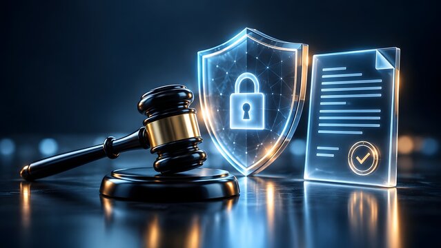 Law, Justice, and Data Protection Concept with Gavel, Digital Shield, and Legal Document
