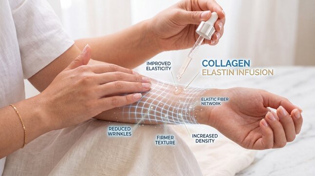 Collagen elastin infusion improved elasticity elastic fiber network reduced wrinkles firmer texture increased density skincare anti aging woman hand serum healthy skin
