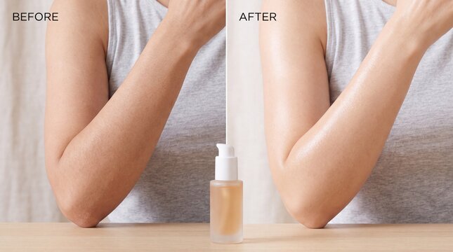 Before and after comparison of female arm skin using cosmetic serum, showing visible improvement in smoothness and radiance, with glass pump bottle on wooden table