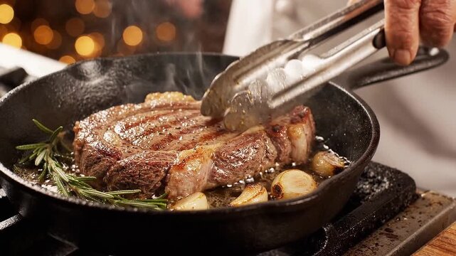 Chef cooking juicy beef steak in cast iron pan with tongs. Fried meat with garlic and rosemary in skillet.