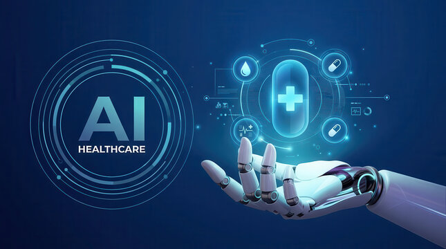 AI healthcare concept featuring a robotic hand supporting a glowing medical interface, representing digital health, medical technology, diagnostics, biotechnology, healthcare innovation and care