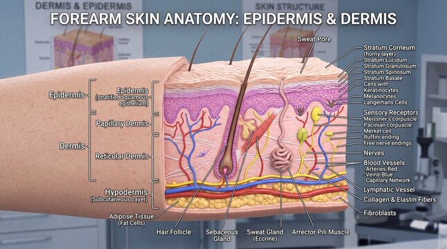 Forearm skin anatomy showing epidermis dermis hypodermis sweat gland hair follicle sebaceous gland blood vessel nerve and connective tissue in detailed medical diagram