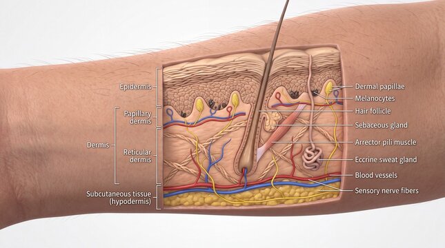 Cross section of human skin showing epidermis dermis subcutaneous tissue hair follicle sebaceous gland sweat gland blood vessels and sensory nerve fibers