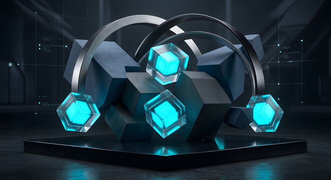 High-Tech Data Center Metaphor Featuring Luminous Neon Cubes and Metallic Arches on Pedestal