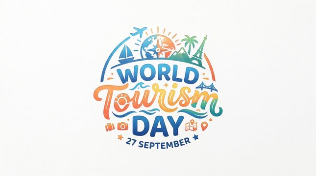World Tourism Day Logo and Travel Celebration Design with Globe, Airplane and Landmark Symbols