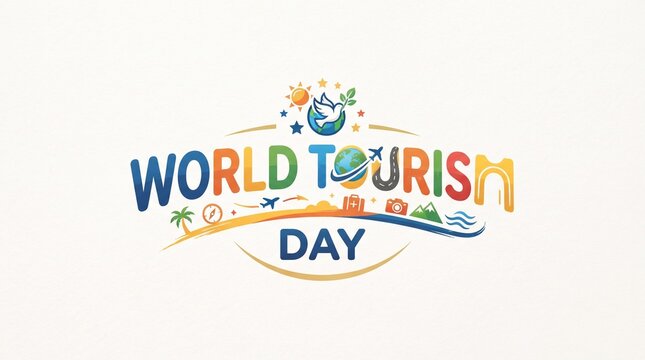 World Tourism Day Logo and Travel Celebration Design with Globe, Airplane and Landmark Symbols