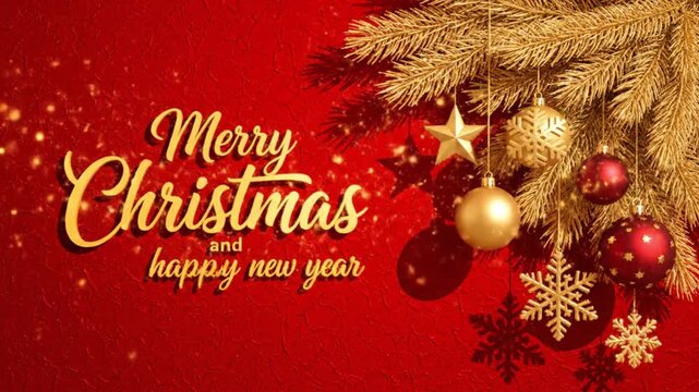Golden Merry Christmas Text With Baubles And Stars On Red Texture Is Perfect For Creating Luxurious Holiday Cards And Professional Event Invites