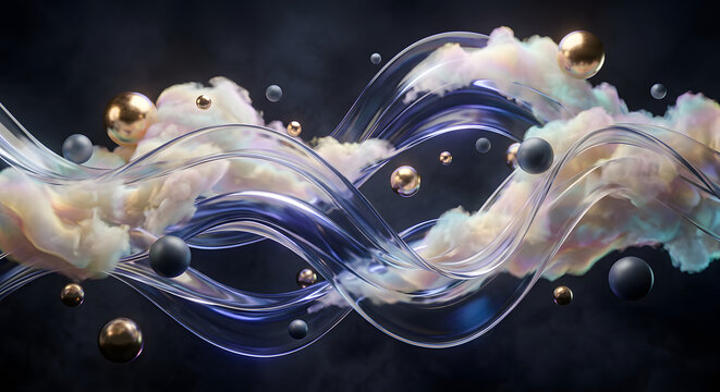 Luxury Cloud Computing Concept Featuring Wavy Glass Ribbons and Floating Metallic Spheres